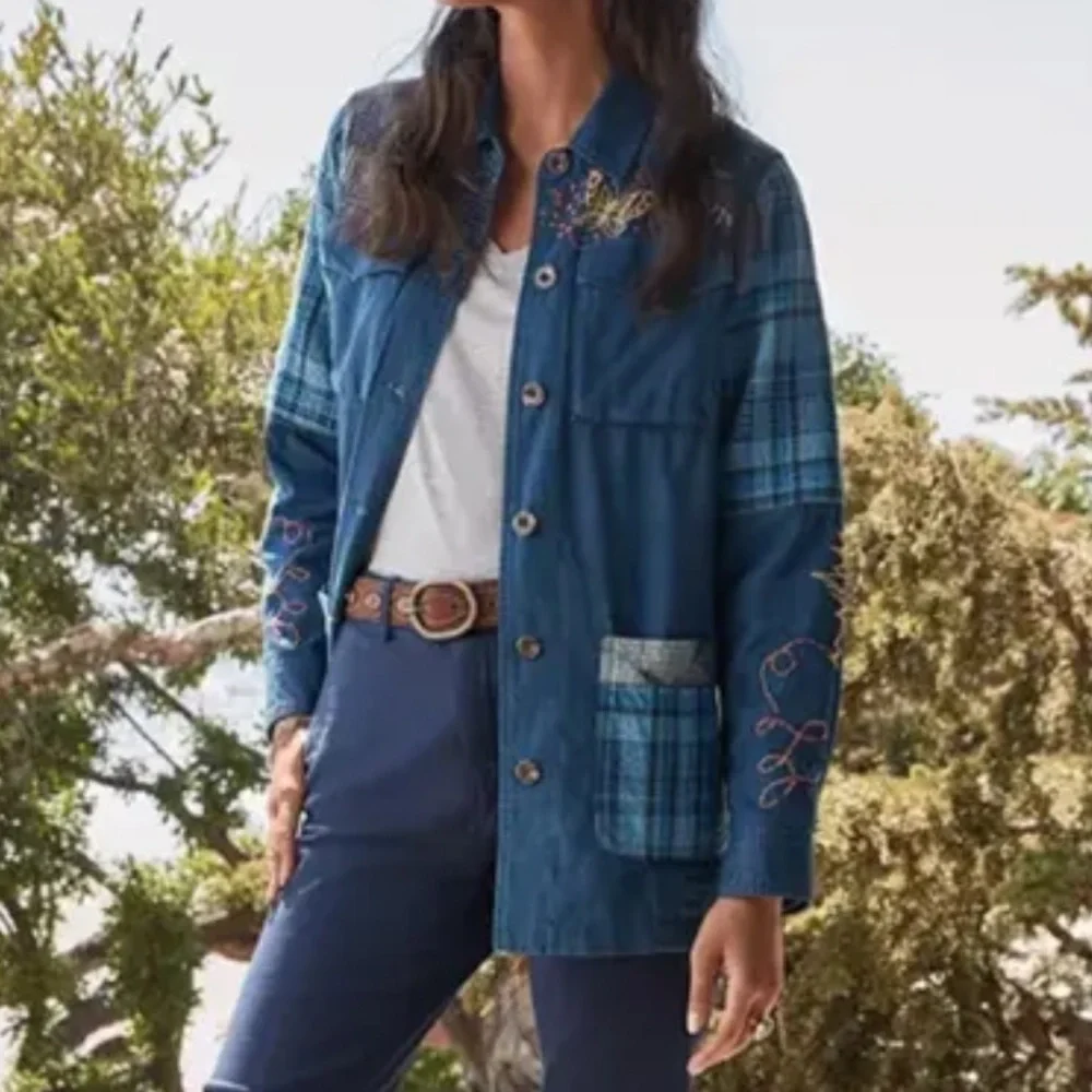 Johnny Was Moonlight Tie Dye Patchwork Military Jacket L Denim Embroidered - Picture 4 of 12